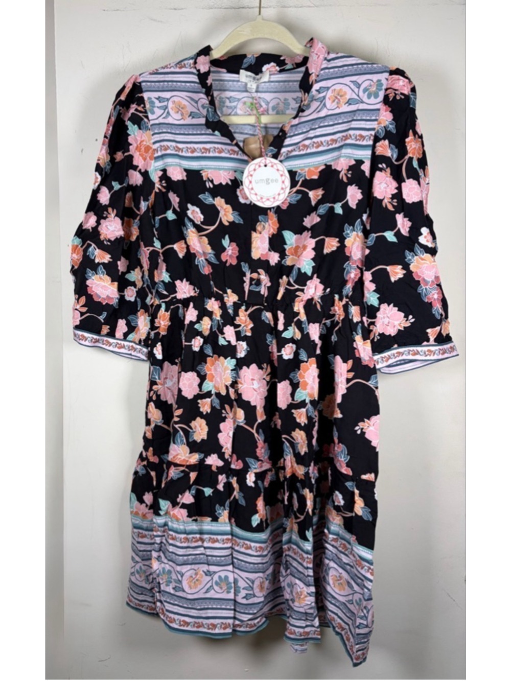 Umgee Black & Pink Floral Boho Cottagecore Whimsy Midi Dress Size S NWT